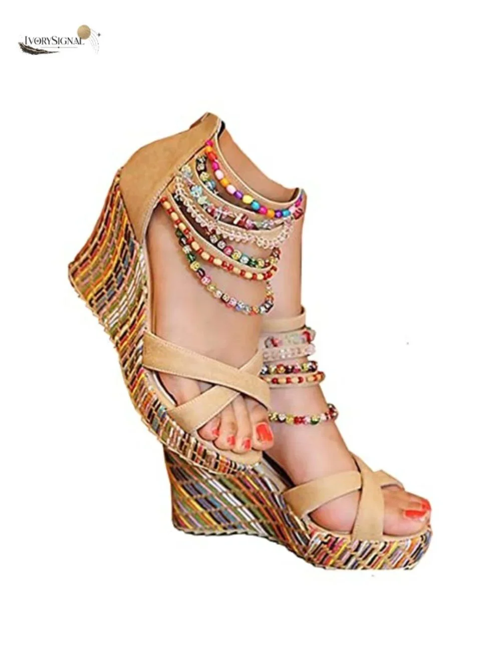 Women's Platform Wedge Sandals with Pearls, High Heel, Ankle Strap